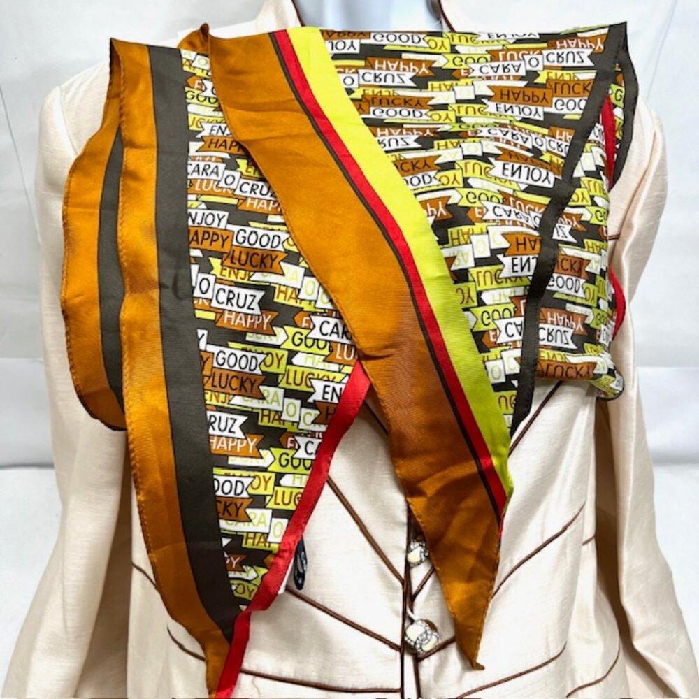 Vintage Cara Cruz 100%  silk Satin scarf 70" x23" Flag Style Colorfull logo (40) - Picture 13 of 14